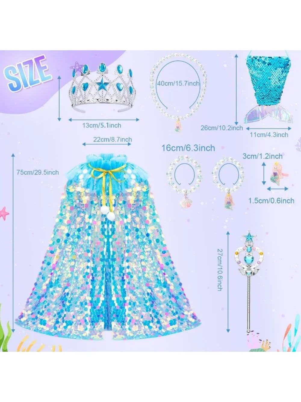 Mermaid Princess Dress Up Cape with Crown Costume Set for Girls Ages 3-8- Blue